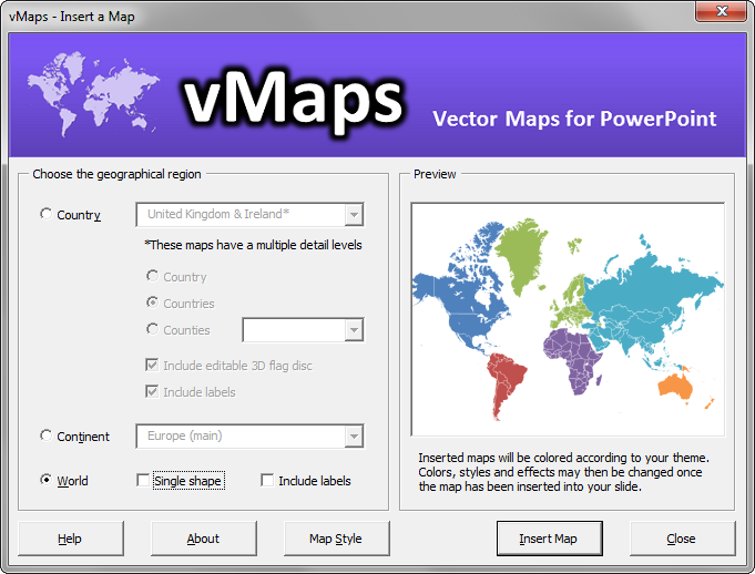 vMaps for PowerPoint - Main window with World map