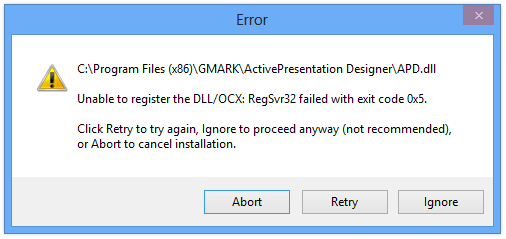 APD.dll RegSvr32 failure on Windows 8