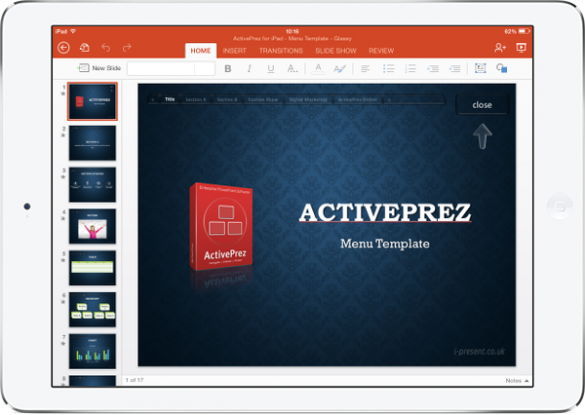 PowerPoint with ActivePrez menu on iPad mini