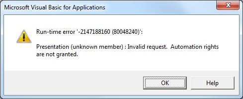 PowerPoint automation rights error -2147188160