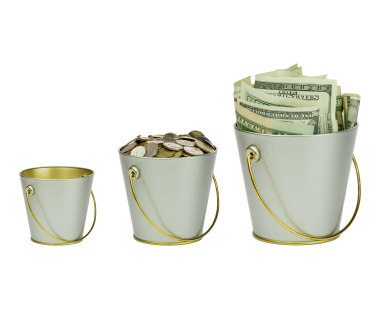 Three buckets of money in a row