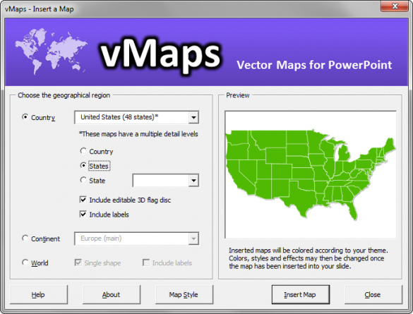vMaps for PowerPoint - Main Window with USA States maps