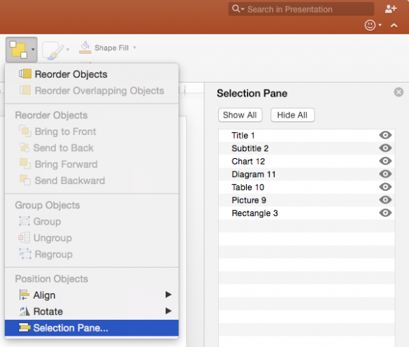 powerpoint 2016 mac selection pane