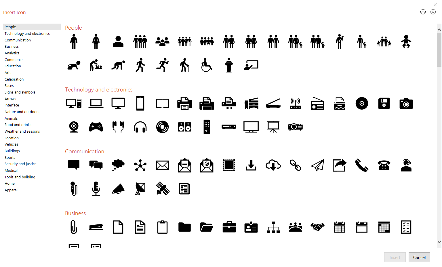 PowerPoint Insert Icons window