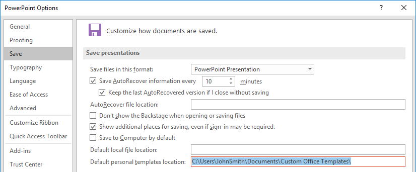 PowerPoint 2016 Options personal templates location